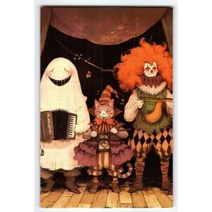 Halloween Postcard with Ghost, Cat, and Clown Musicians Lithograph 5.5x4